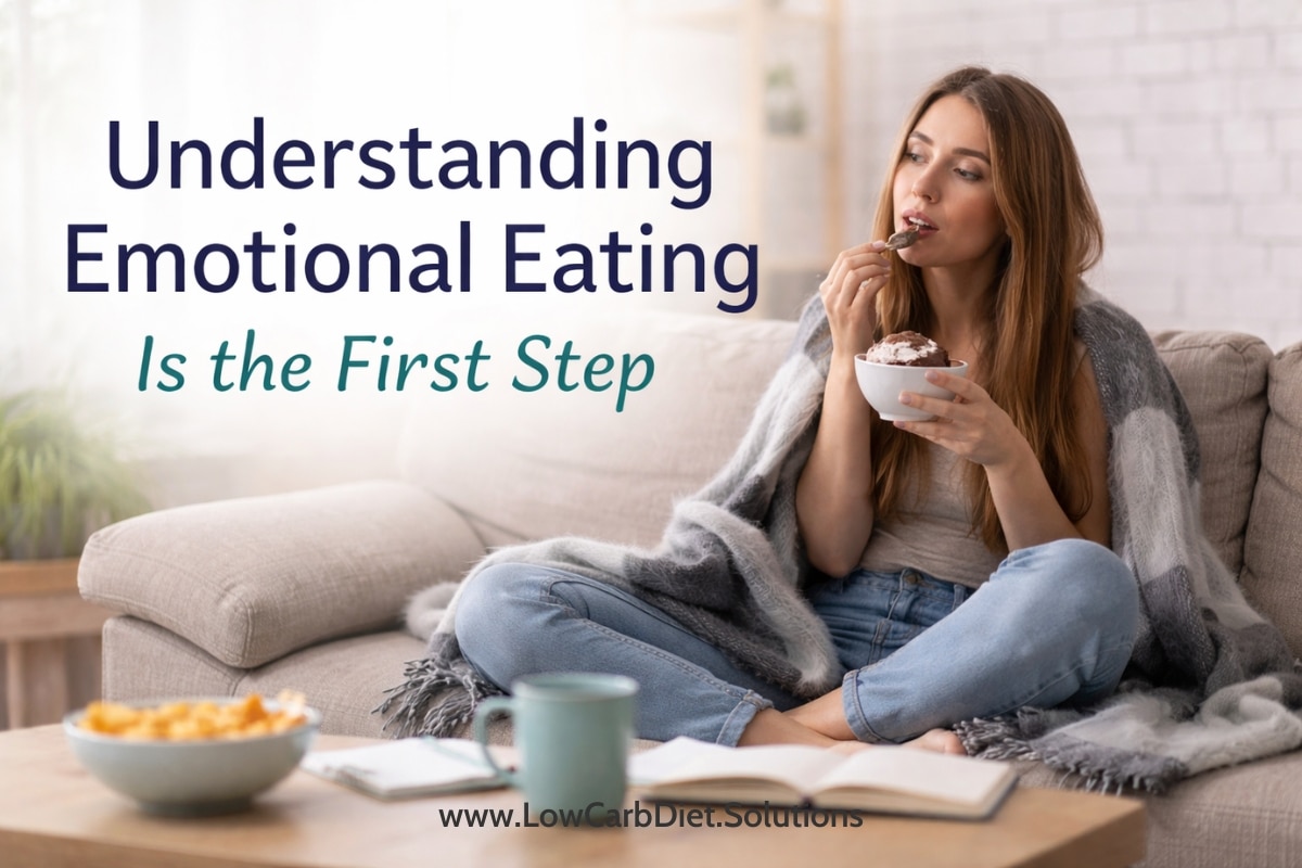 Woman sitting on a sofa eating dessert beneath the words Understanding Emotional Eating Is the First Step