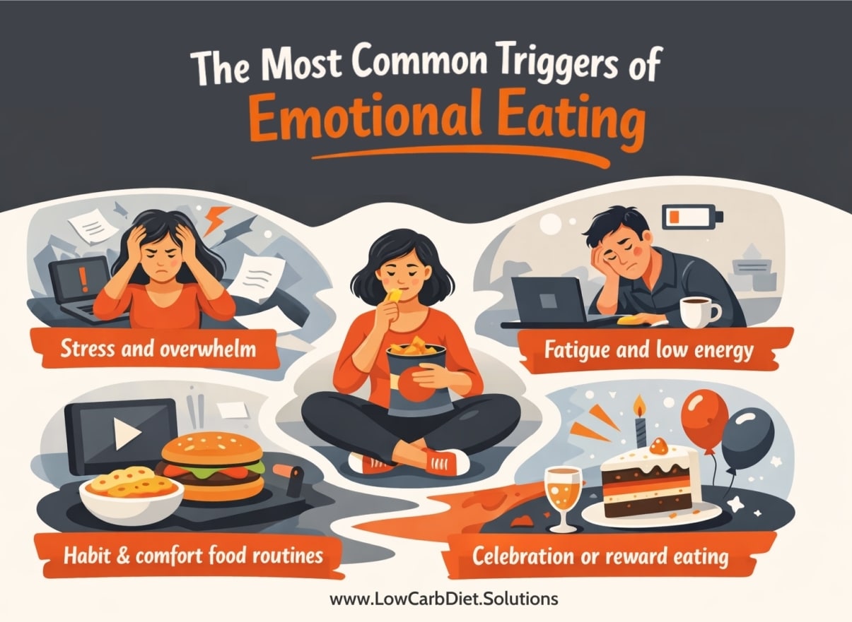 Illustrated landscape infographic showing the most common triggers of emotional eating, including stress and overwhelm, fatigue and low energy, habit and comfort food routines, and celebration or reward eating, using coral orange, white, and grey tones.