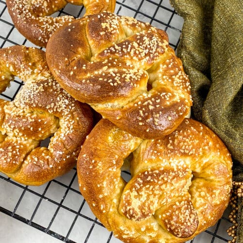 Low-carb soft pretzels on a cooling rack