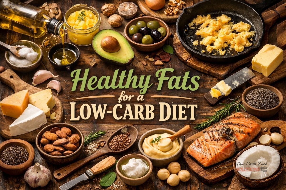 Healthy fats for a low-carb diet displayed on a rustic kitchen table with avocado, olive oil, butter, salmon, nuts, seeds, cheese, and cooking utensils around a skillet.