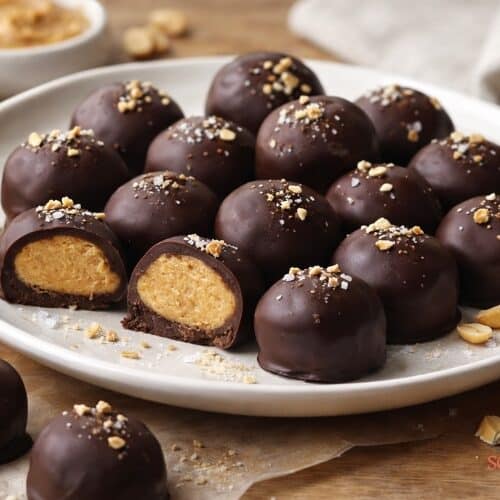 Low-carb chocolate peanut butter fat bombs with creamy center on a white dessert plate, topped with crushed peanuts and sea salt, styled on a wooden kitchen table.