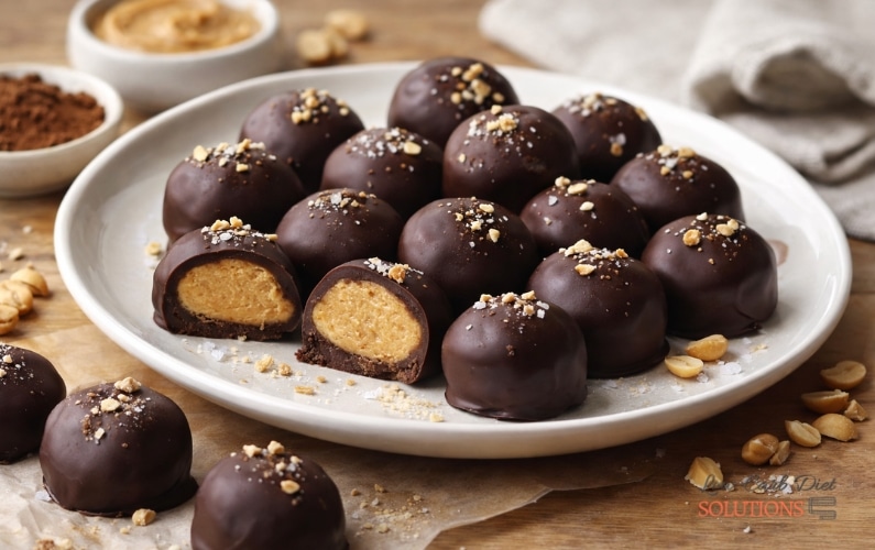 Low-carb chocolate peanut butter fat bombs with creamy center on a white dessert plate, topped with crushed peanuts and sea salt, styled on a wooden kitchen table.