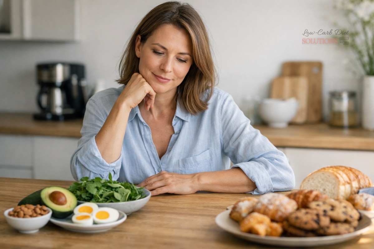 woman choosing low carb foods over sweets to stop carb cravings naturally