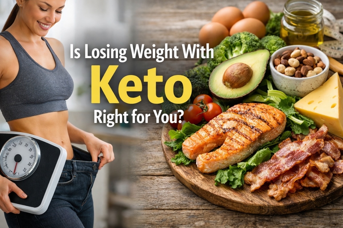 Woman measuring weight loss with scale beside keto foods including salmon, avocado, eggs, cheese, and bacon on wooden table